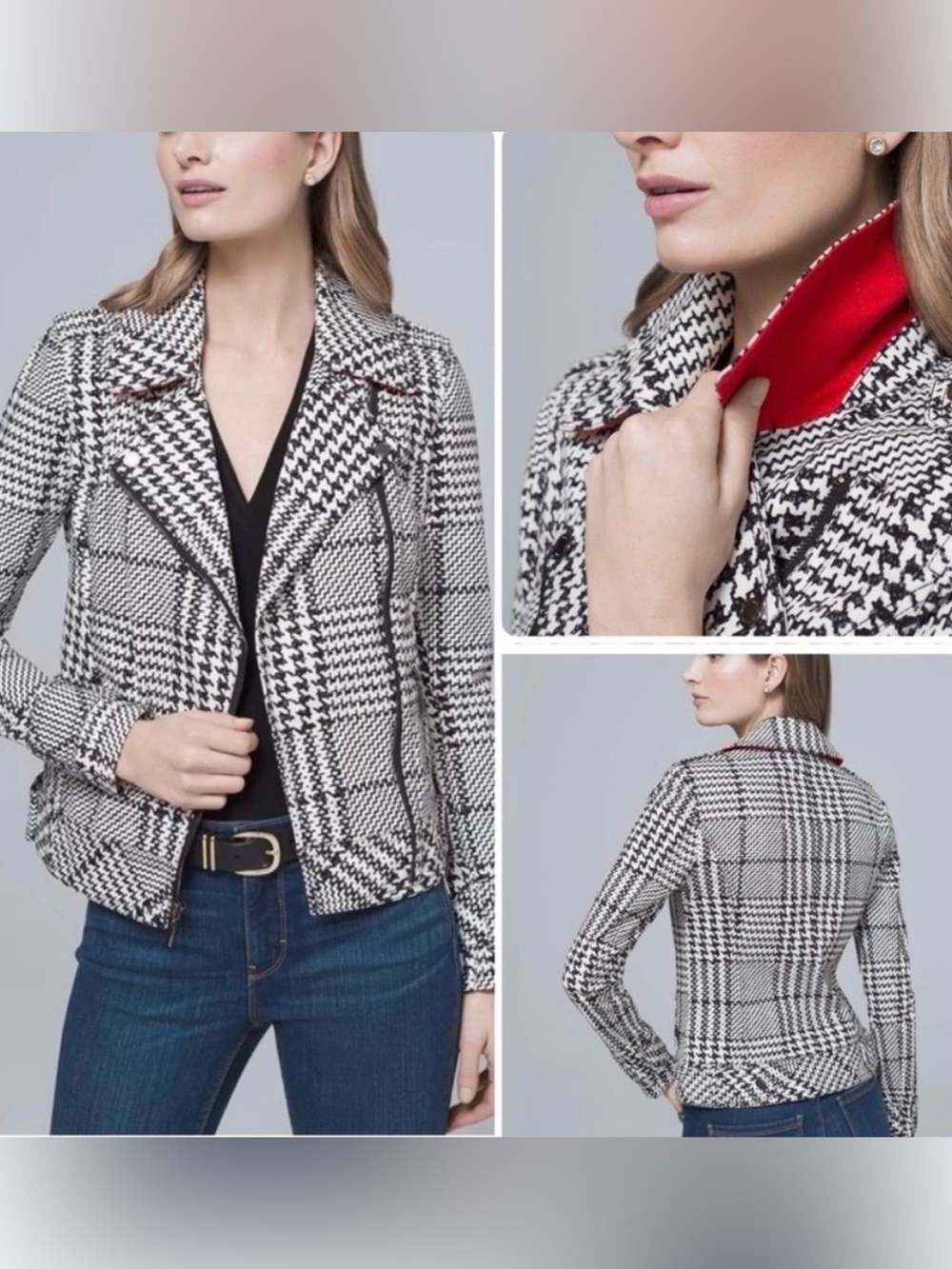 WHBM Womens Black & White Houndstooth Moto Jacket with Red Accent